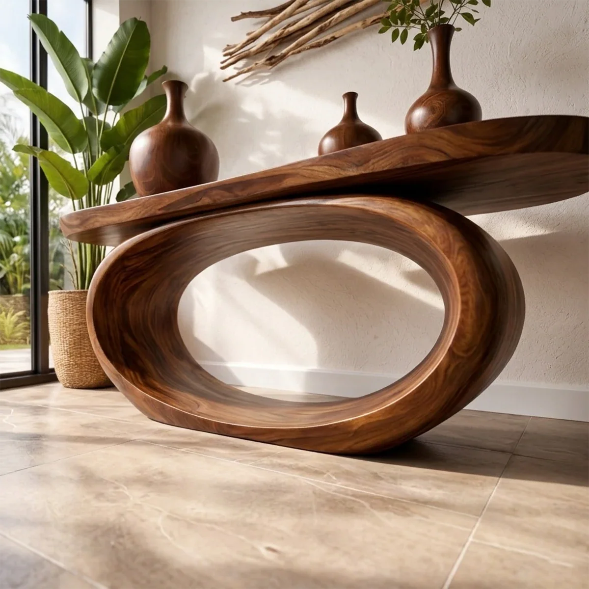 Artistic brown console table with oval base design