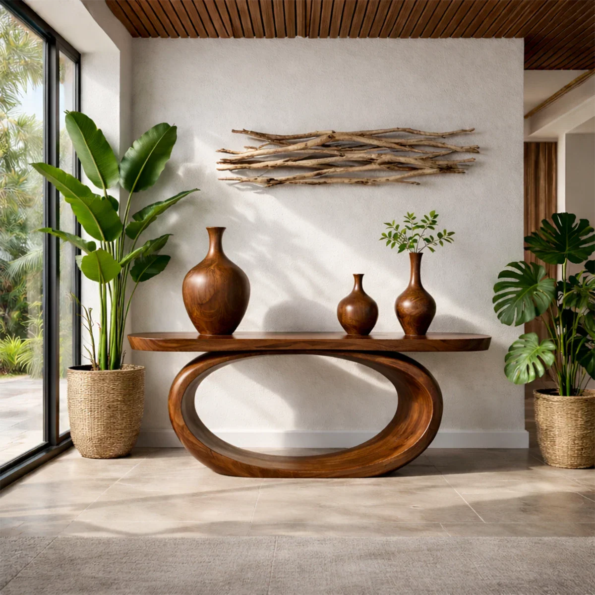 Minimal brown console table with oval wood frame