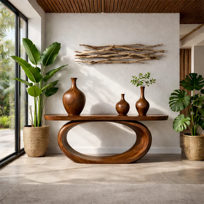 Minimal brown console table with oval wood frame