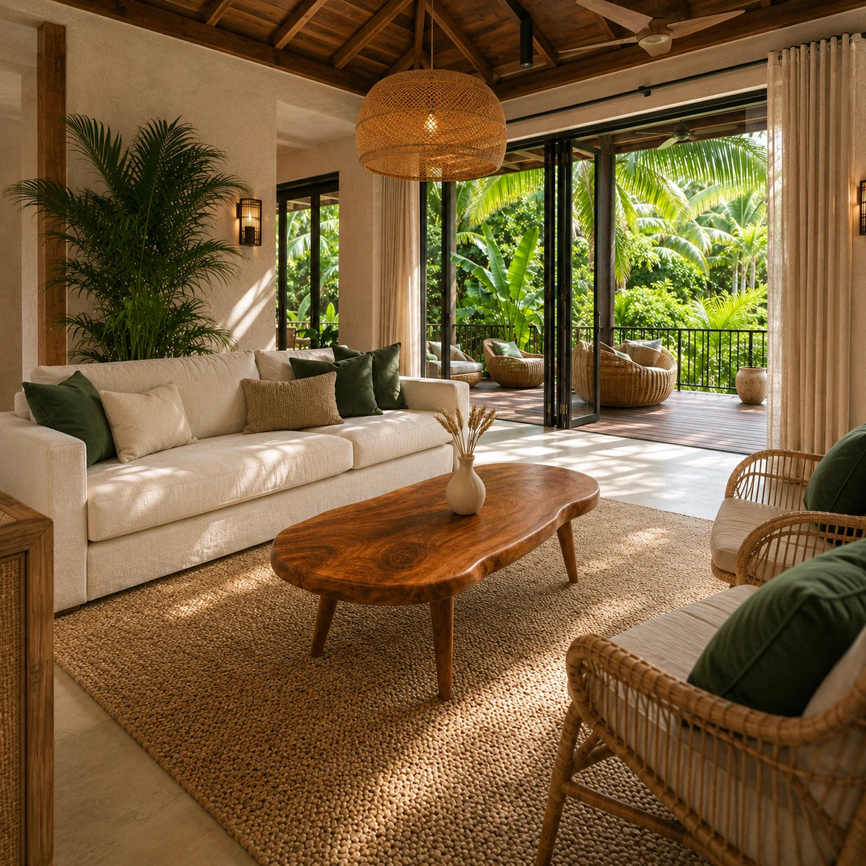 Solid wood coffee table with organic oval top in a bright tropical living room setting