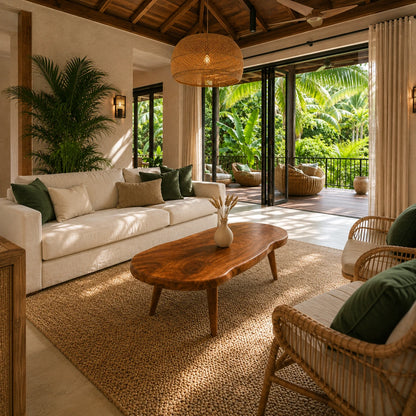 Solid wood coffee table with organic oval top in a bright tropical living room setting