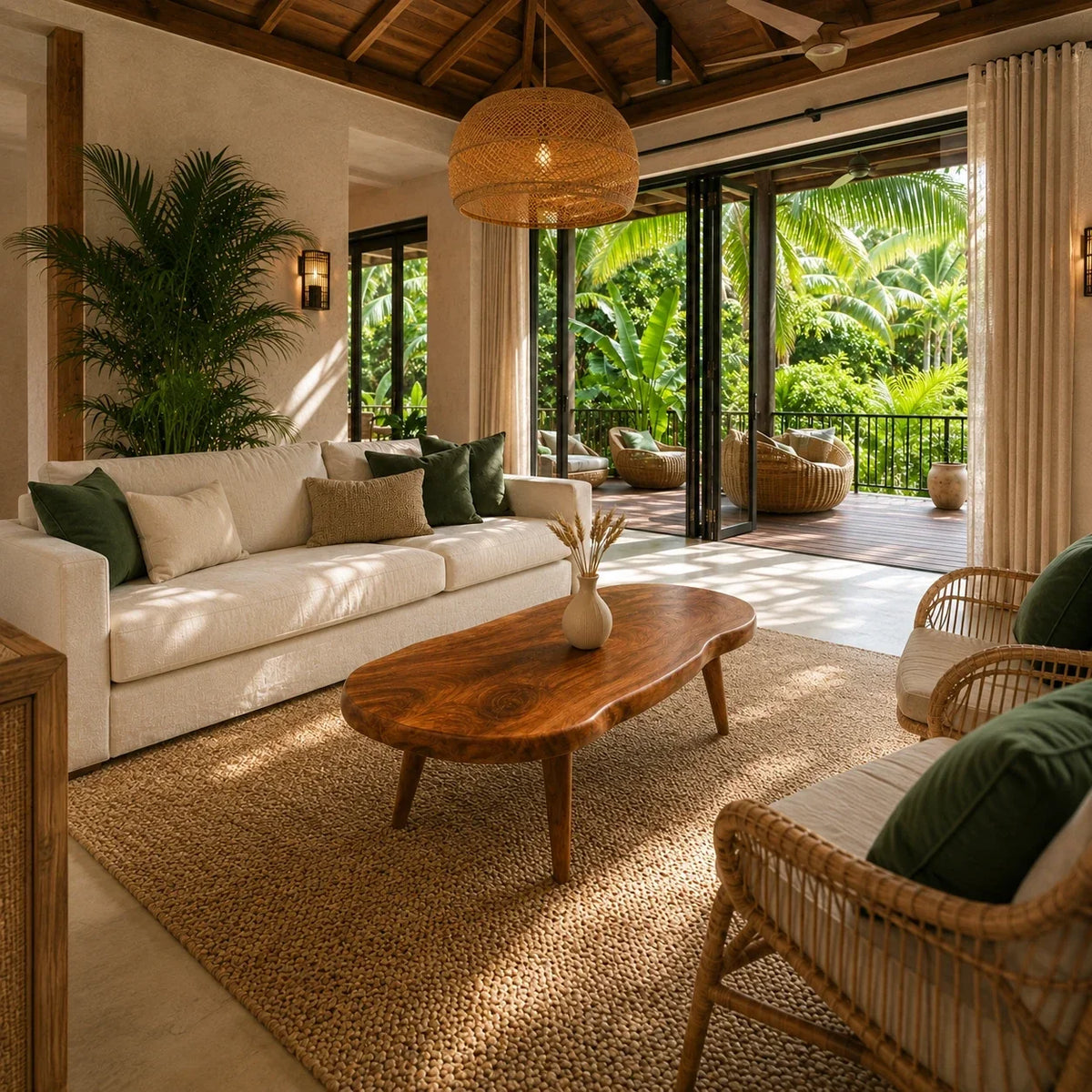 Solid wood coffee table with organic oval top in a bright tropical living room setting
