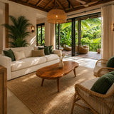 Solid wood coffee table with organic oval top in a bright tropical living room setting