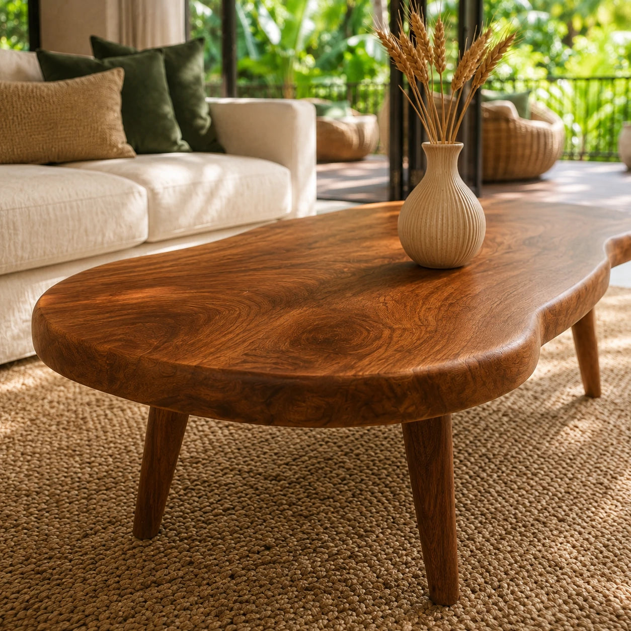 Modern coffee table with rounded organic silhouette and solid wood craftsmanship