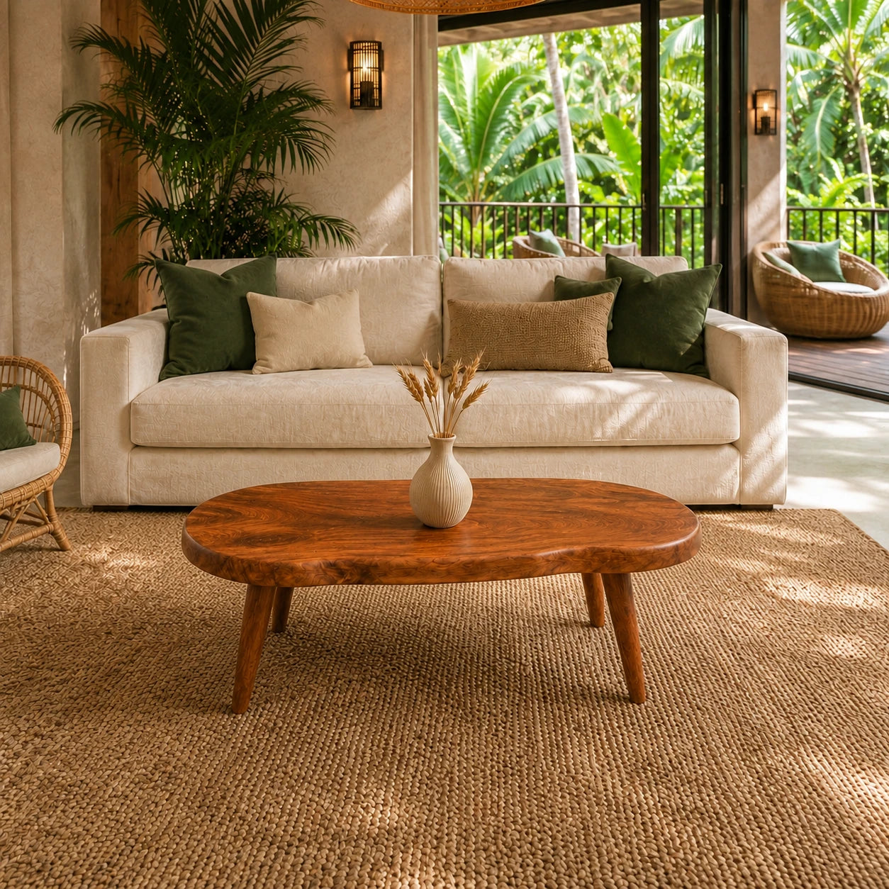 Minimalist coffee table with artisan solid wood detailing and rounded contours design