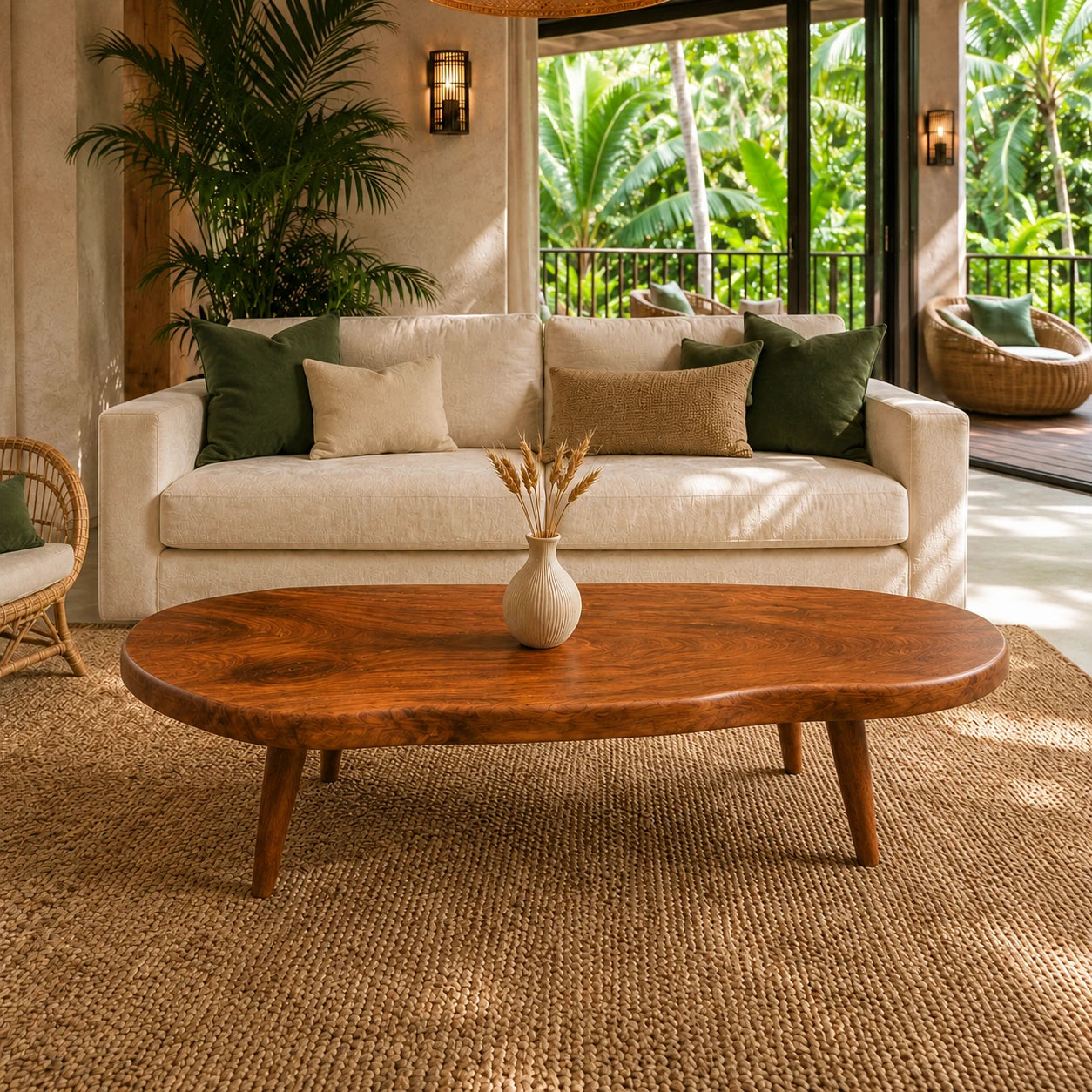 Rustic modern coffee table with an organic slab top and tapered solid wood legs