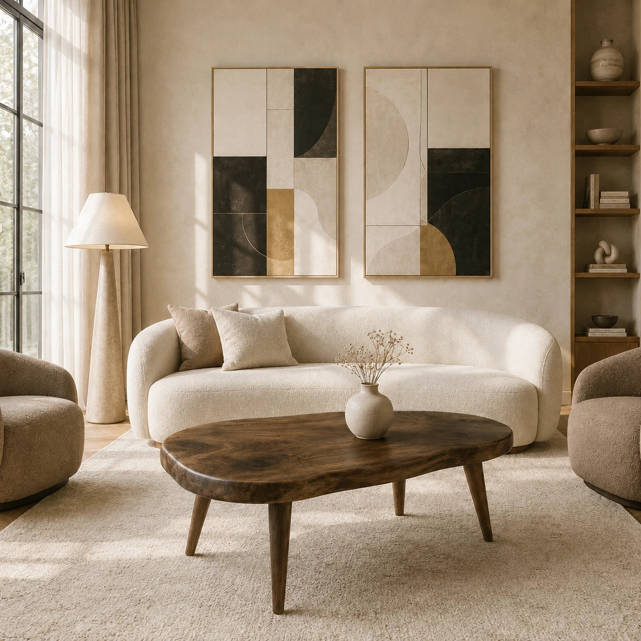 Living room coffee table with a freeform top and handcrafted legs in solid wood