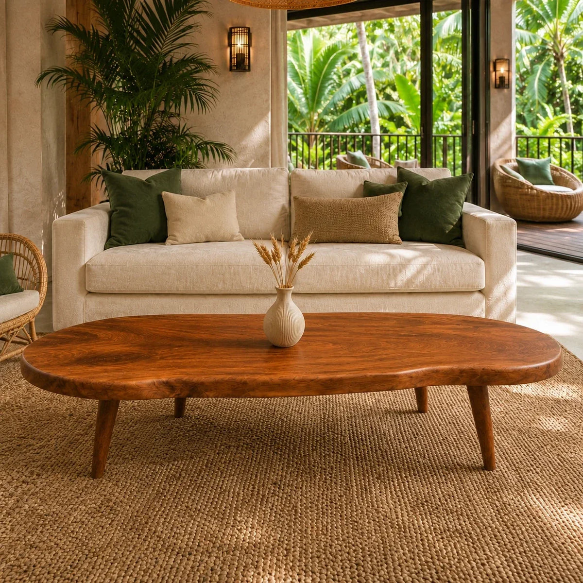 Designer coffee table with fluid lines and handcrafted solid wood construction details