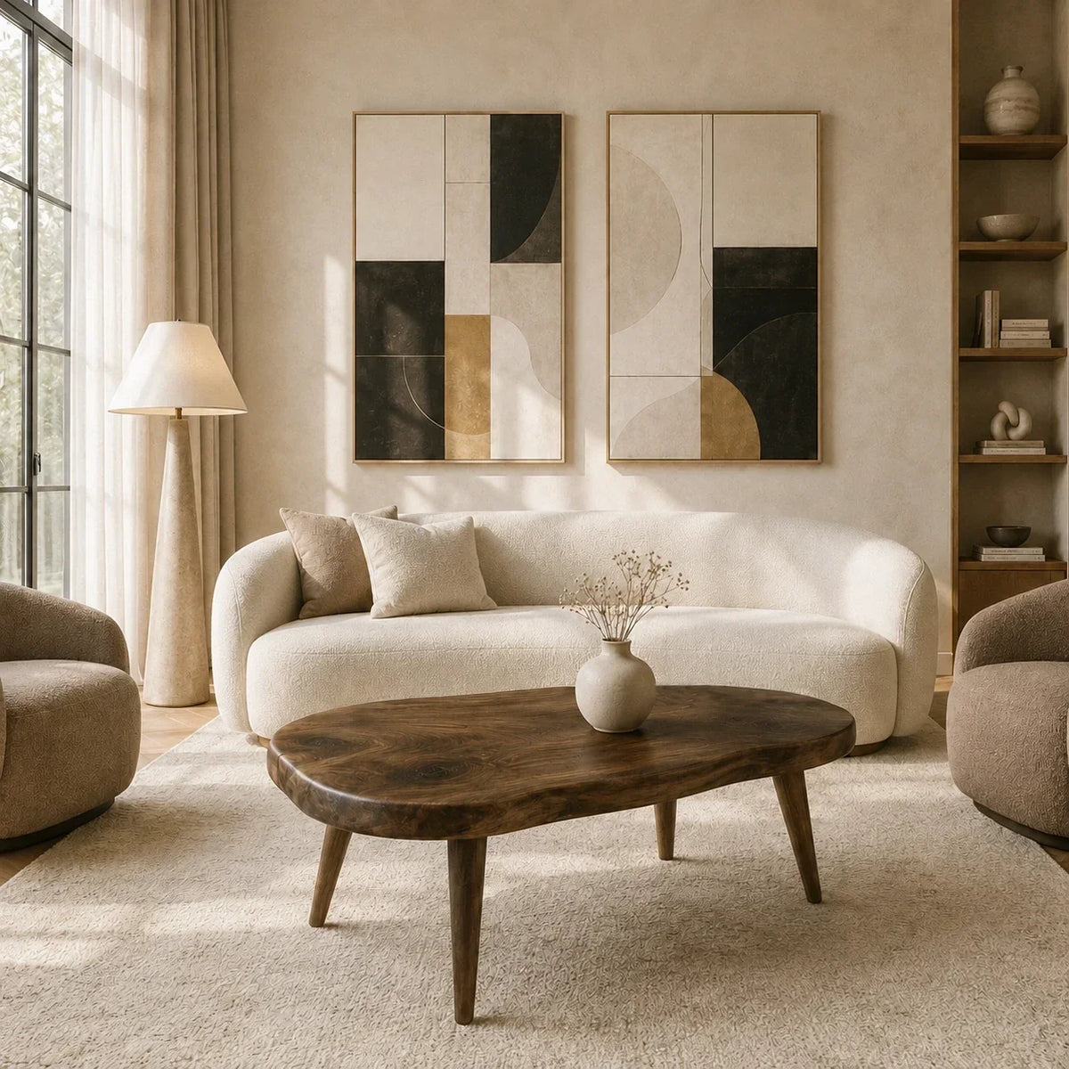 Living room coffee table with a freeform top and handcrafted legs in solid wood