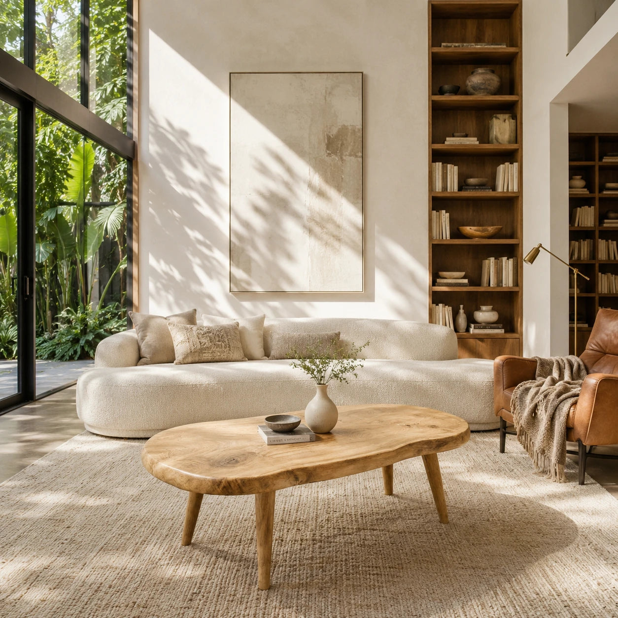 Contemporary coffee table with smooth edges and a handcrafted solid wood top design