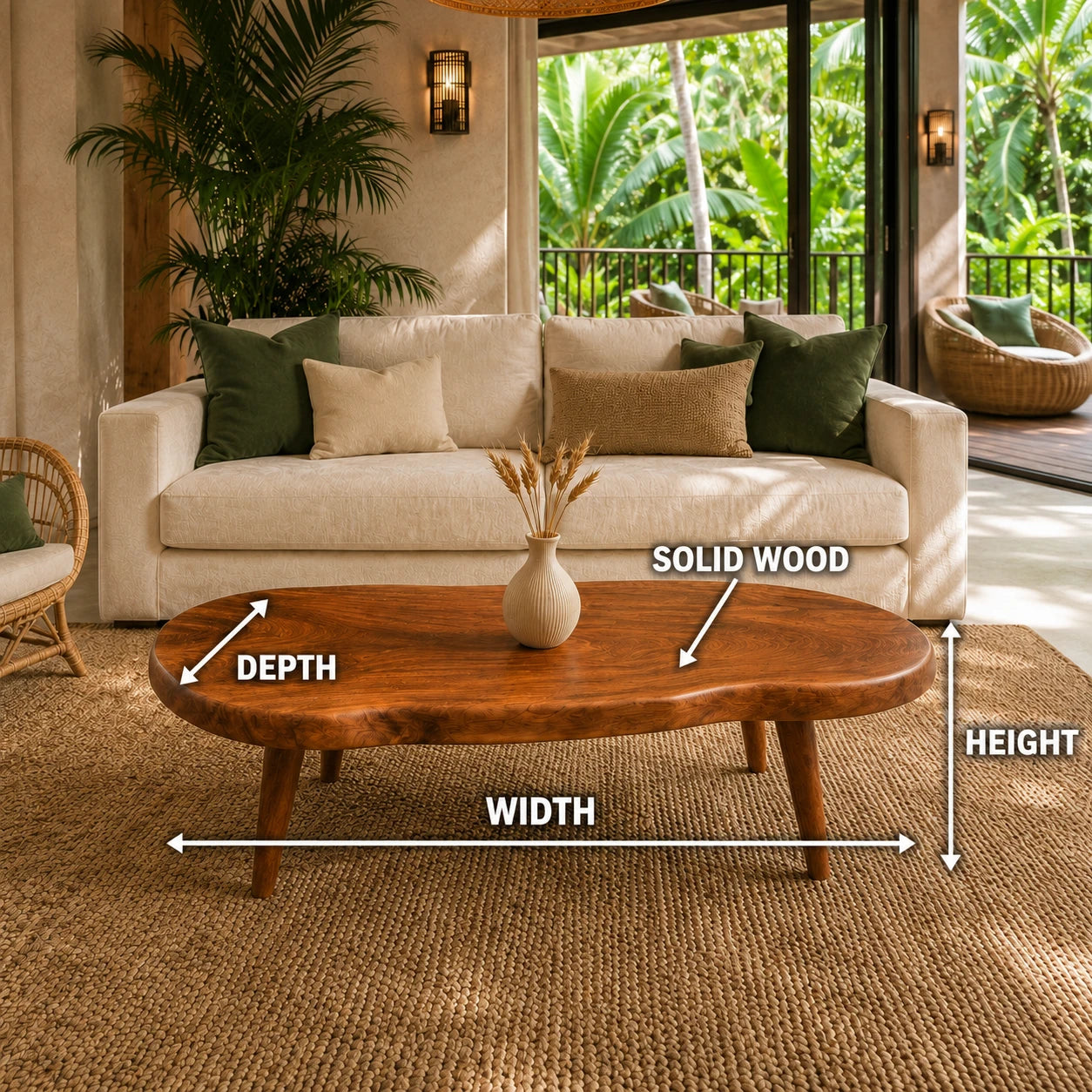 Decorative coffee table in solid wood with organic curves for tropical interiors