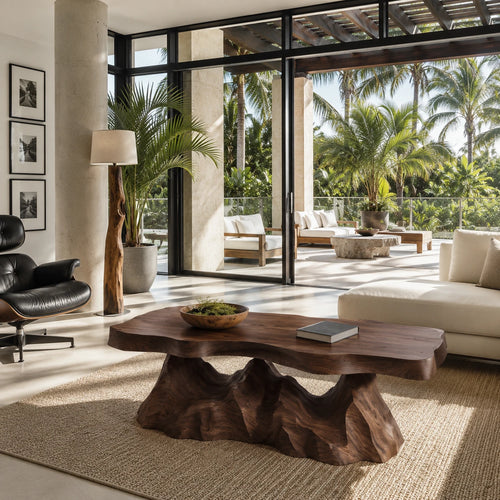 Organic coffee table with sculptural carved base in a bright tropical modern living room