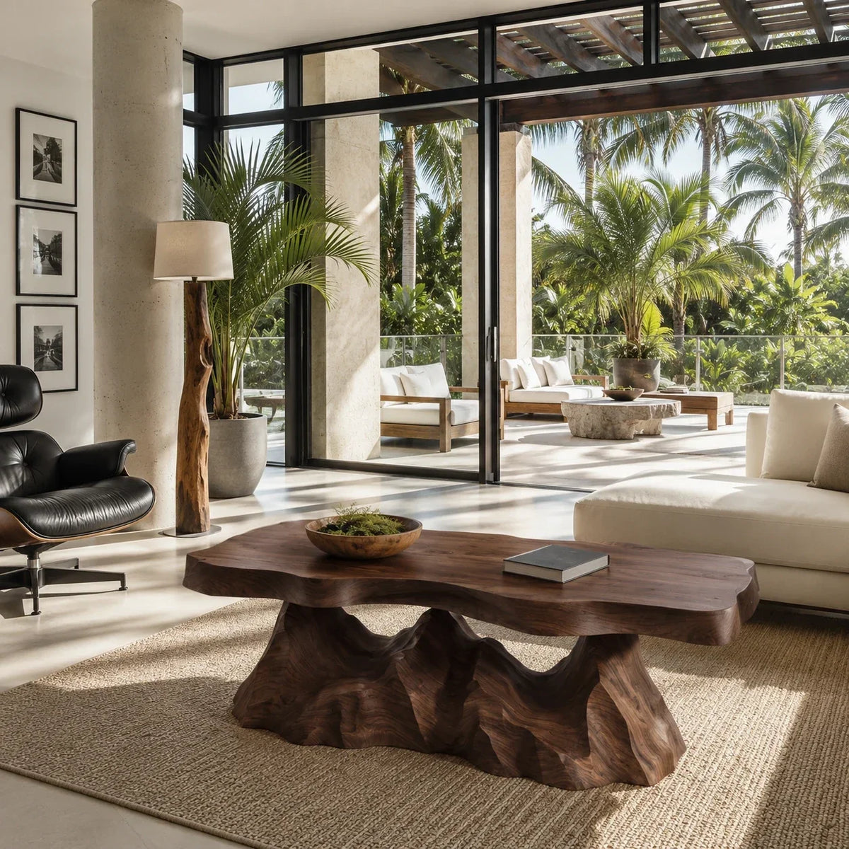 Organic coffee table with sculptural carved base in a bright tropical modern living room
