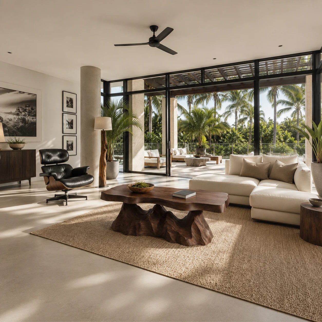 Sculptural coffee table featuring an organic slab top in a luxury indoor outdoor lounge