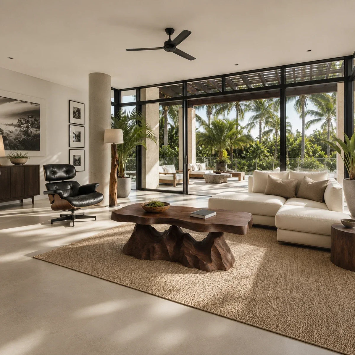 Sculptural coffee table featuring an organic slab top in a luxury indoor outdoor lounge