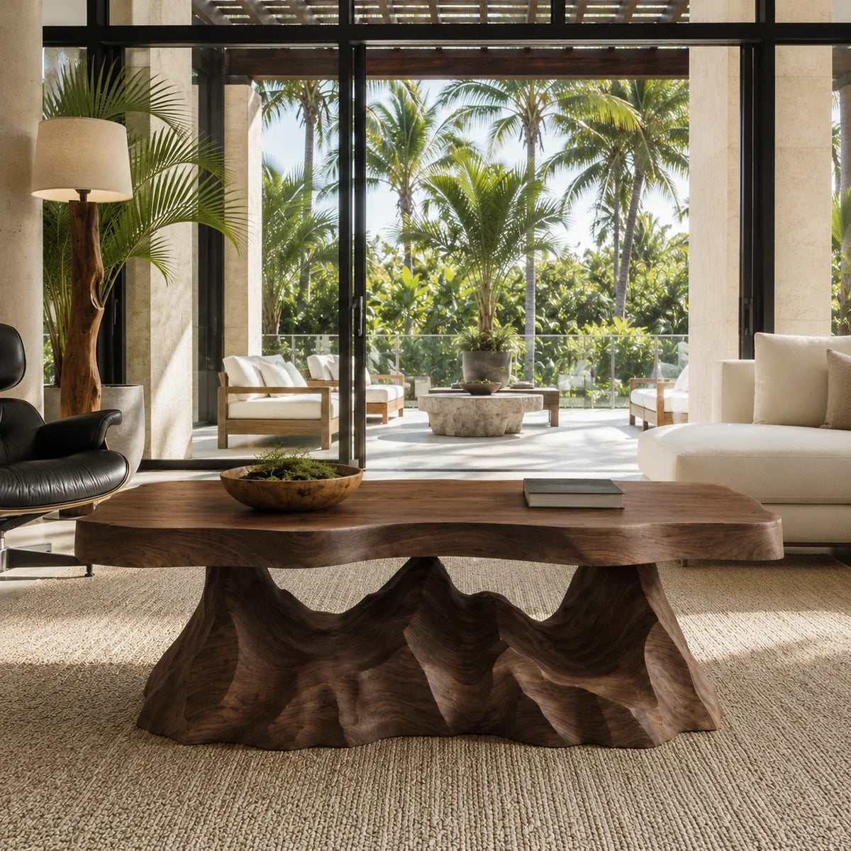 Solid wood coffee table with freeform top and artistic pedestal base for modern homes