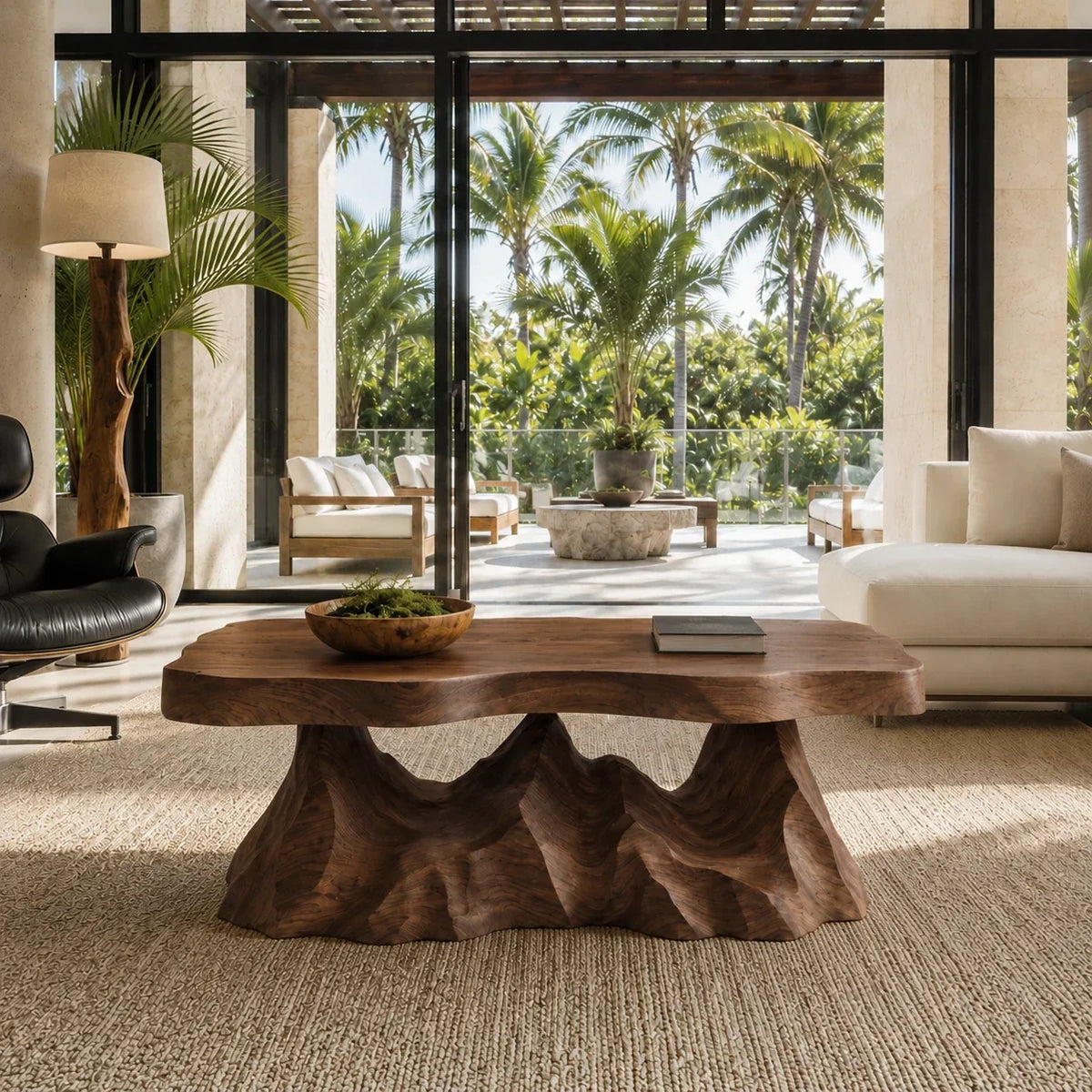 Low coffee table with a sculptural silhouette and broad organic tabletop surface