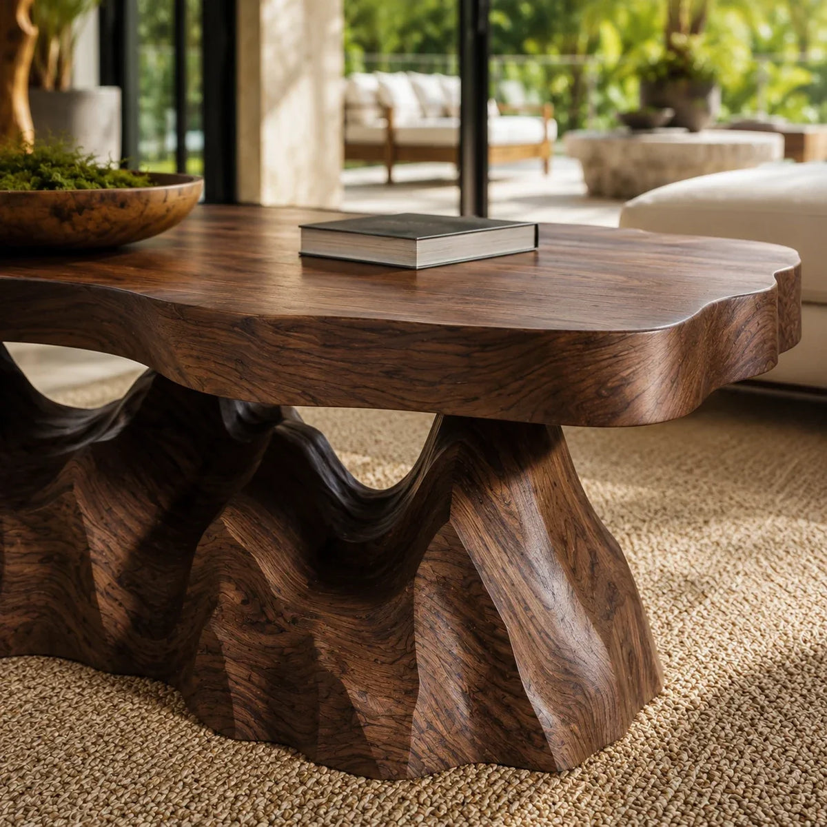 Living room coffee table with an organic silhouette and bold carved wood foundation