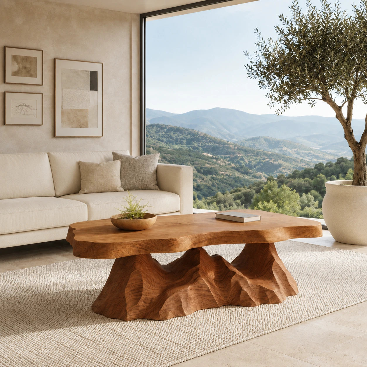 Handcrafted coffee table with a dramatic carved base and smooth organic top surface