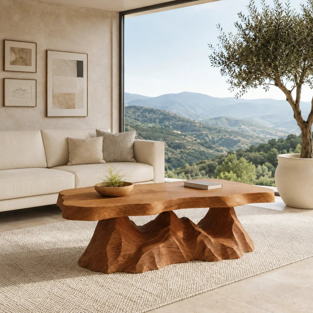 Handcrafted coffee table with a dramatic carved base and smooth organic top surface