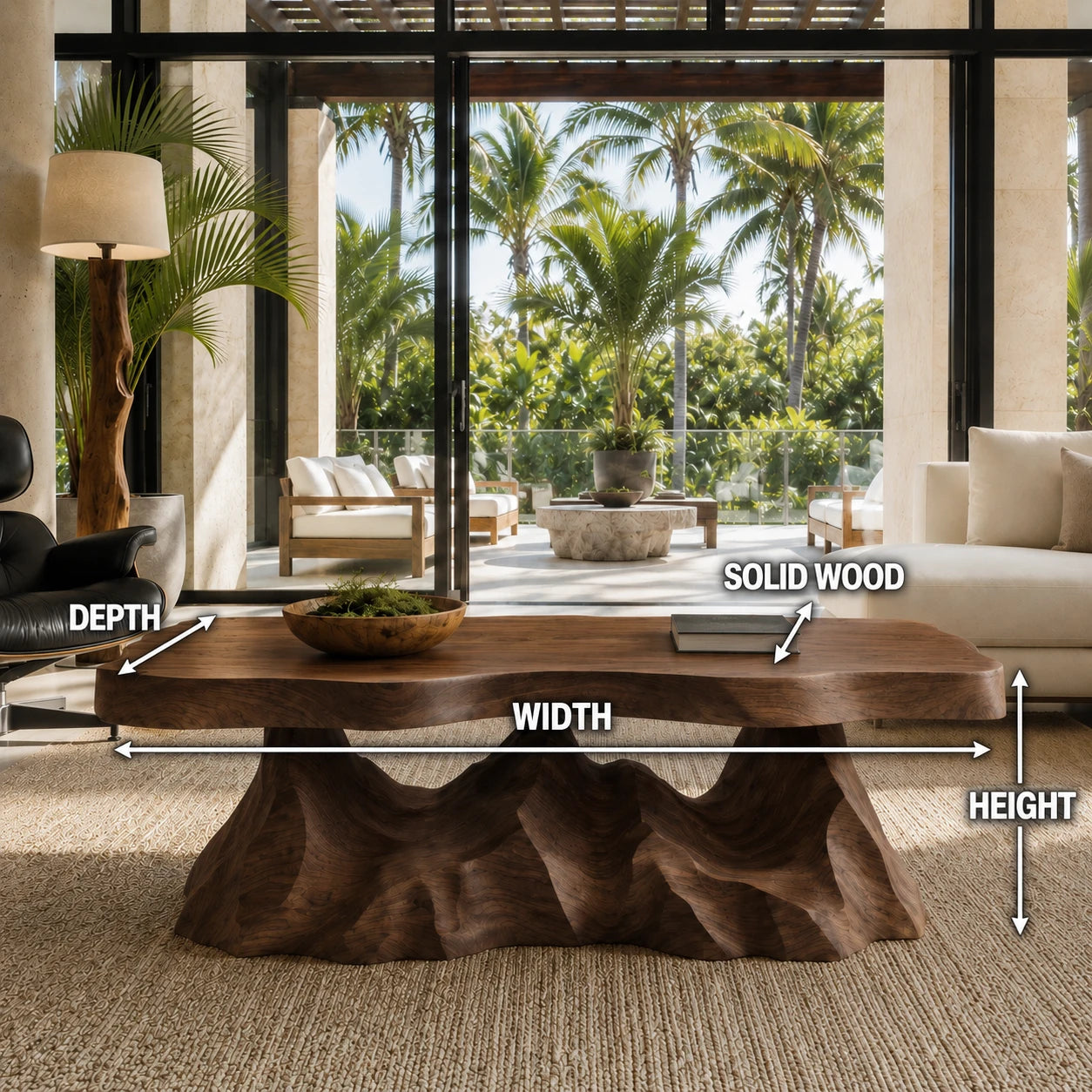 Contemporary coffee table with sculpted contours and a bold monolithic wood base