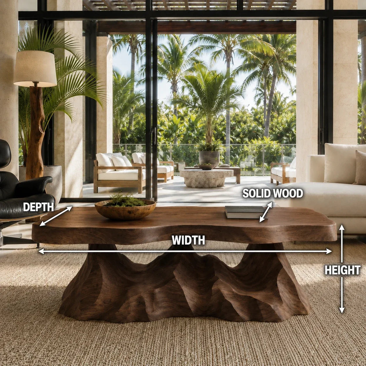 Contemporary coffee table with sculpted contours and a bold monolithic wood base