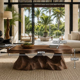 Contemporary coffee table with sculpted contours and a bold monolithic wood base
