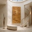Natural solid wood wall art with sun and palm relief for a bright modern entryway