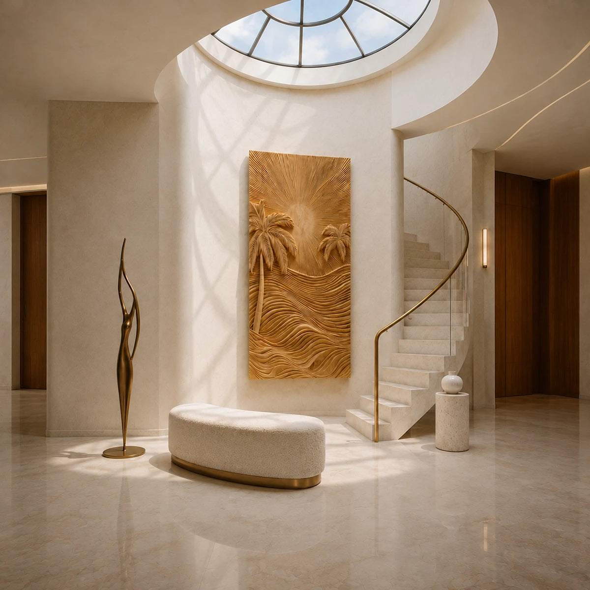 Large carved wall panel featuring palm trees and flowing lines in a refined entryway