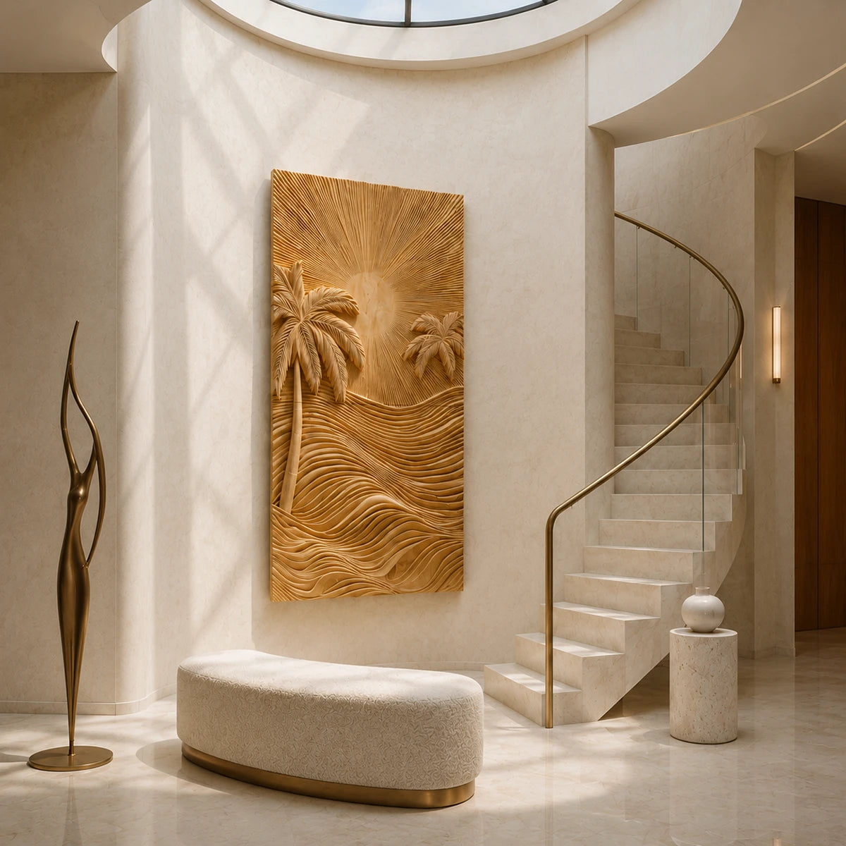Textured wall sculpture with tropical sunset relief adds warmth to a luxurious room