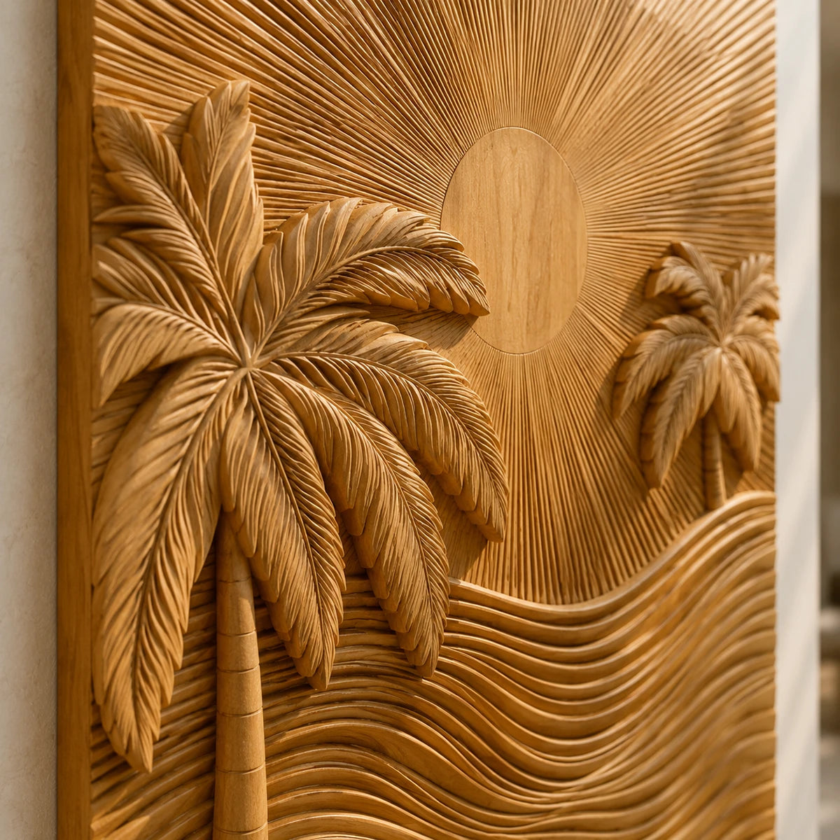 Vertical wall decor panel with carved palms and waves creates a striking focal point