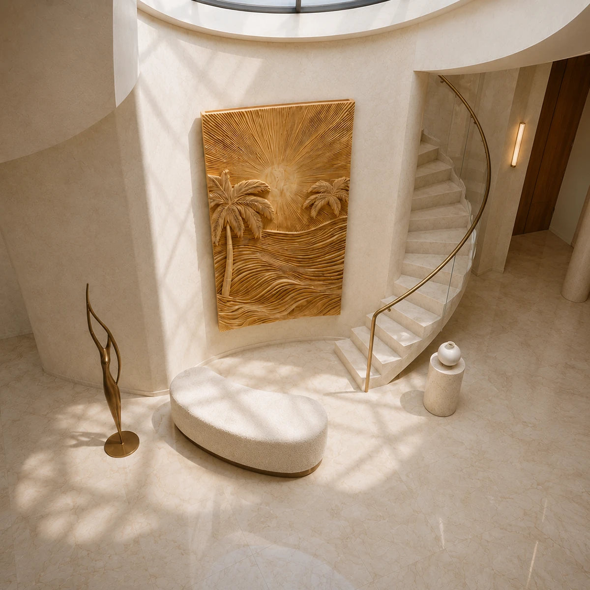 Decorative wood wall decor with sunburst and palm motifs enhances a serene foyer
