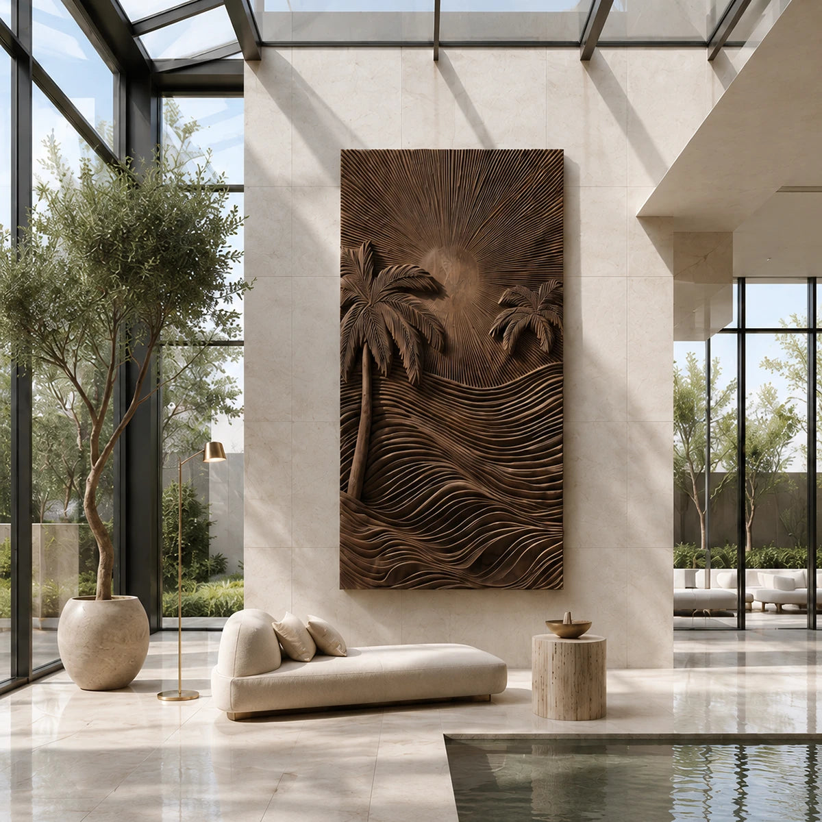 Modern relief wall art with layered tropical carving adds dimension to calm interiors