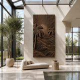Modern relief wall art with layered tropical carving adds dimension to calm interiors