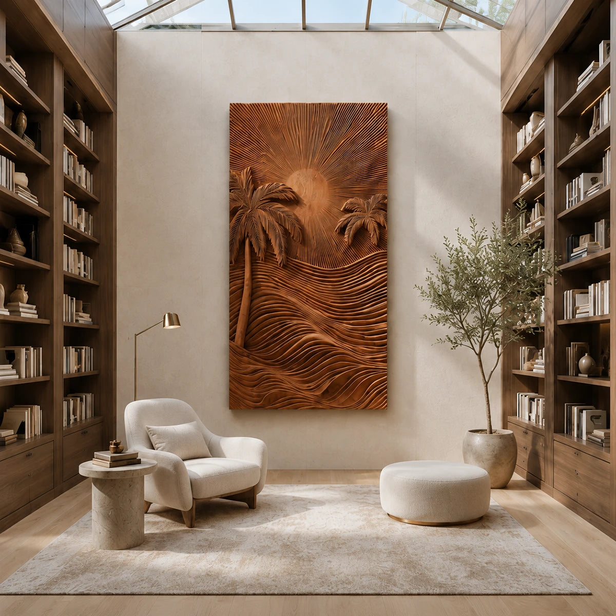 Statement wall sculpture with palm tree design and radiant sun brightens upscale homes