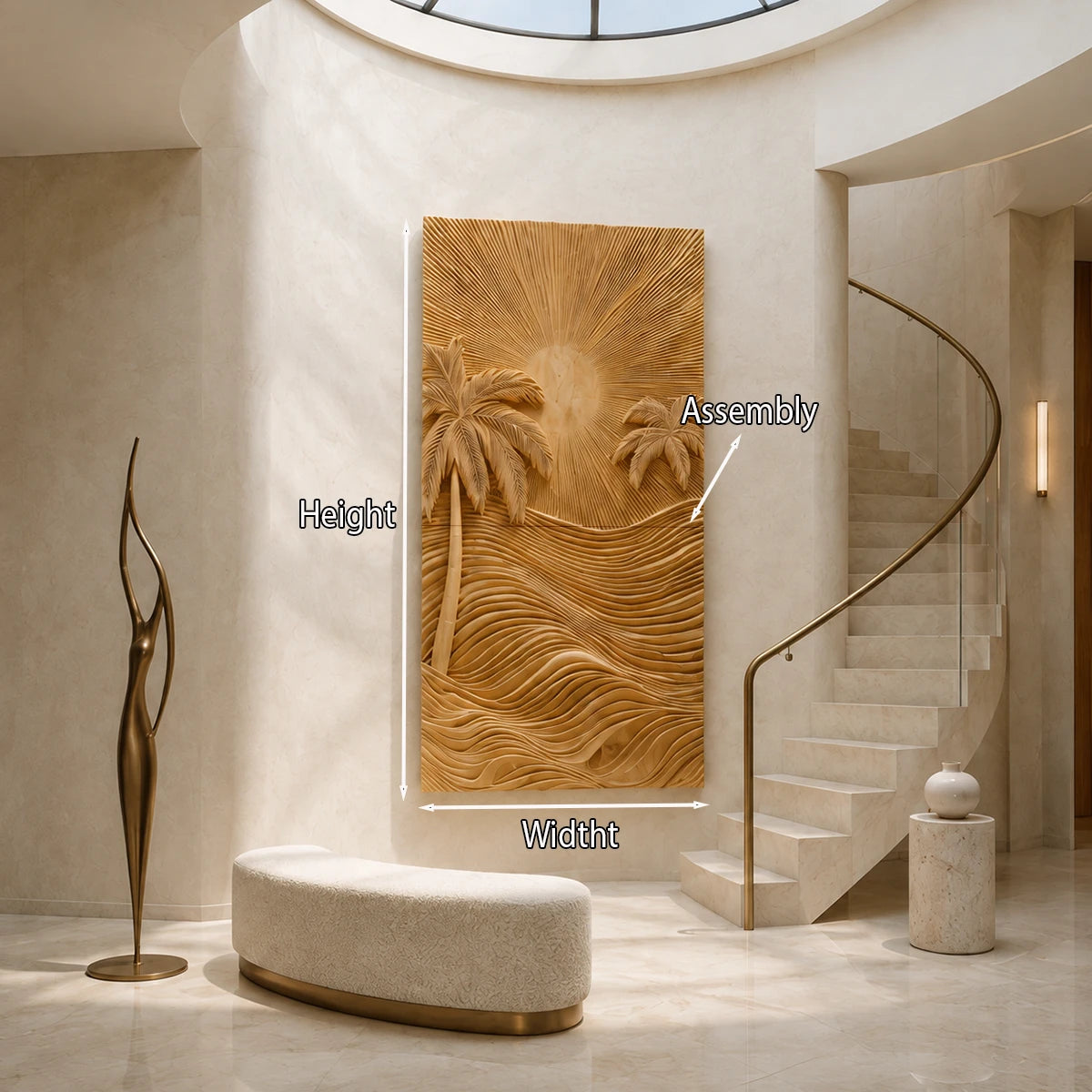 Oversized carved wall decor with palm and wave details elevates a minimalist setting