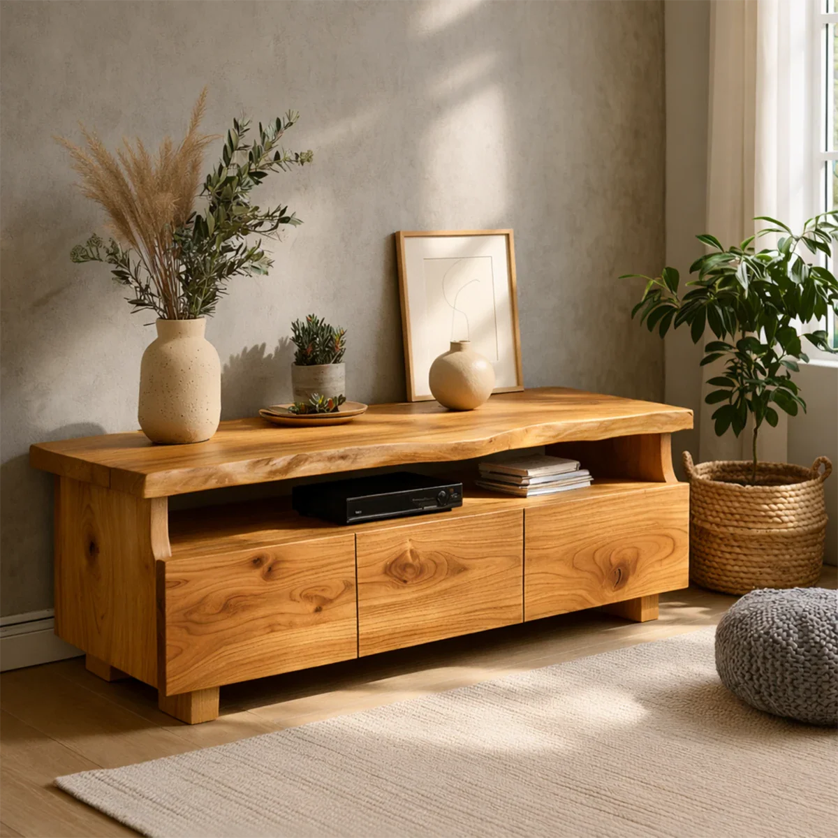 TV Stand with Storage Drawers and Open Shelf in Natural Solid Wood - ArborisWood - 10