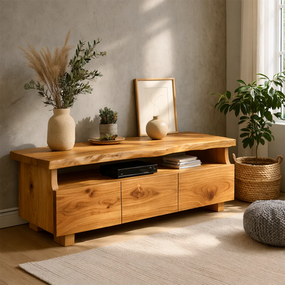 TV Stand with Storage Drawers and Open Shelf in Natural Solid Wood - ArborisWood - 10