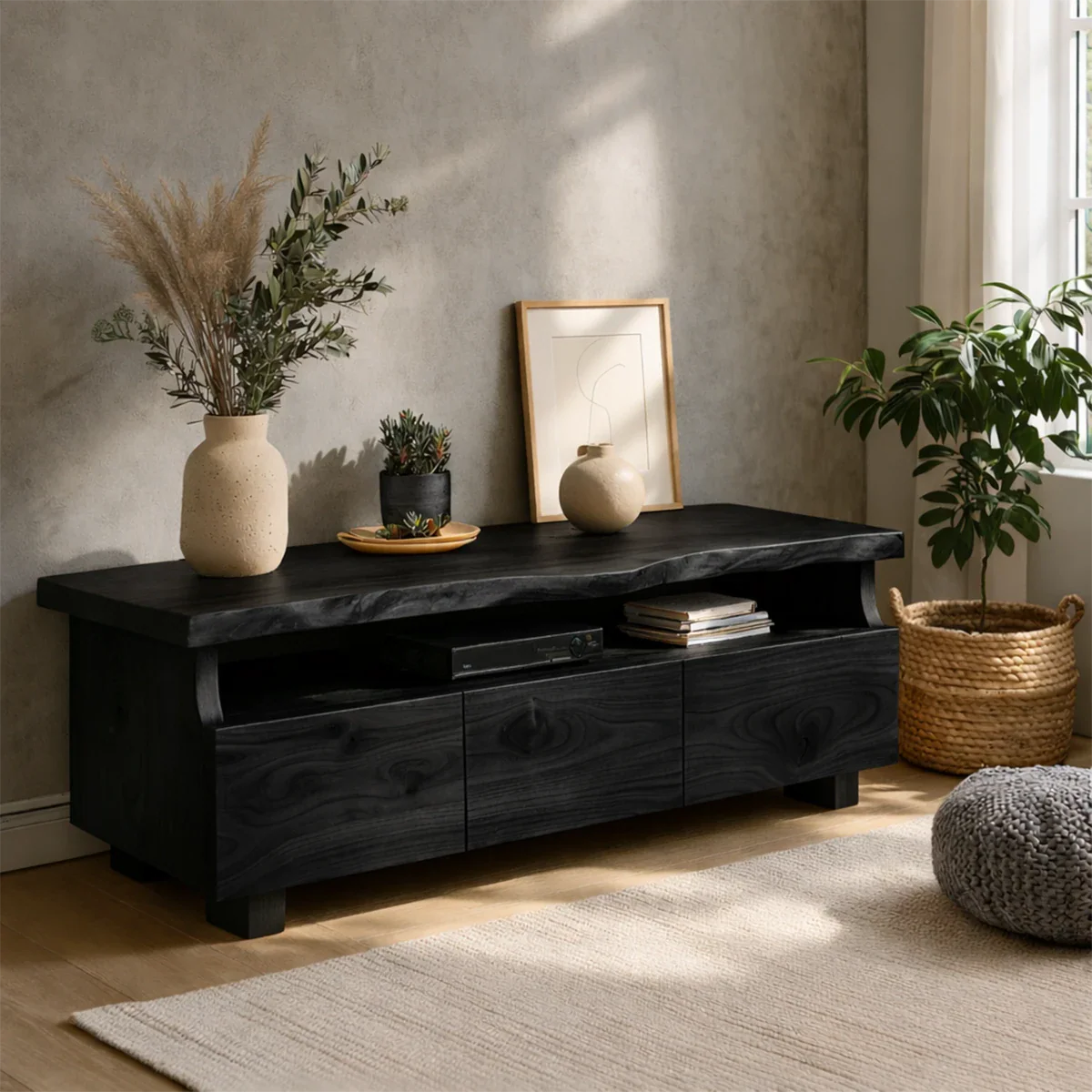 TV Stand with Storage Drawers and Open Shelf in Natural Solid Wood - ArborisWood - 11