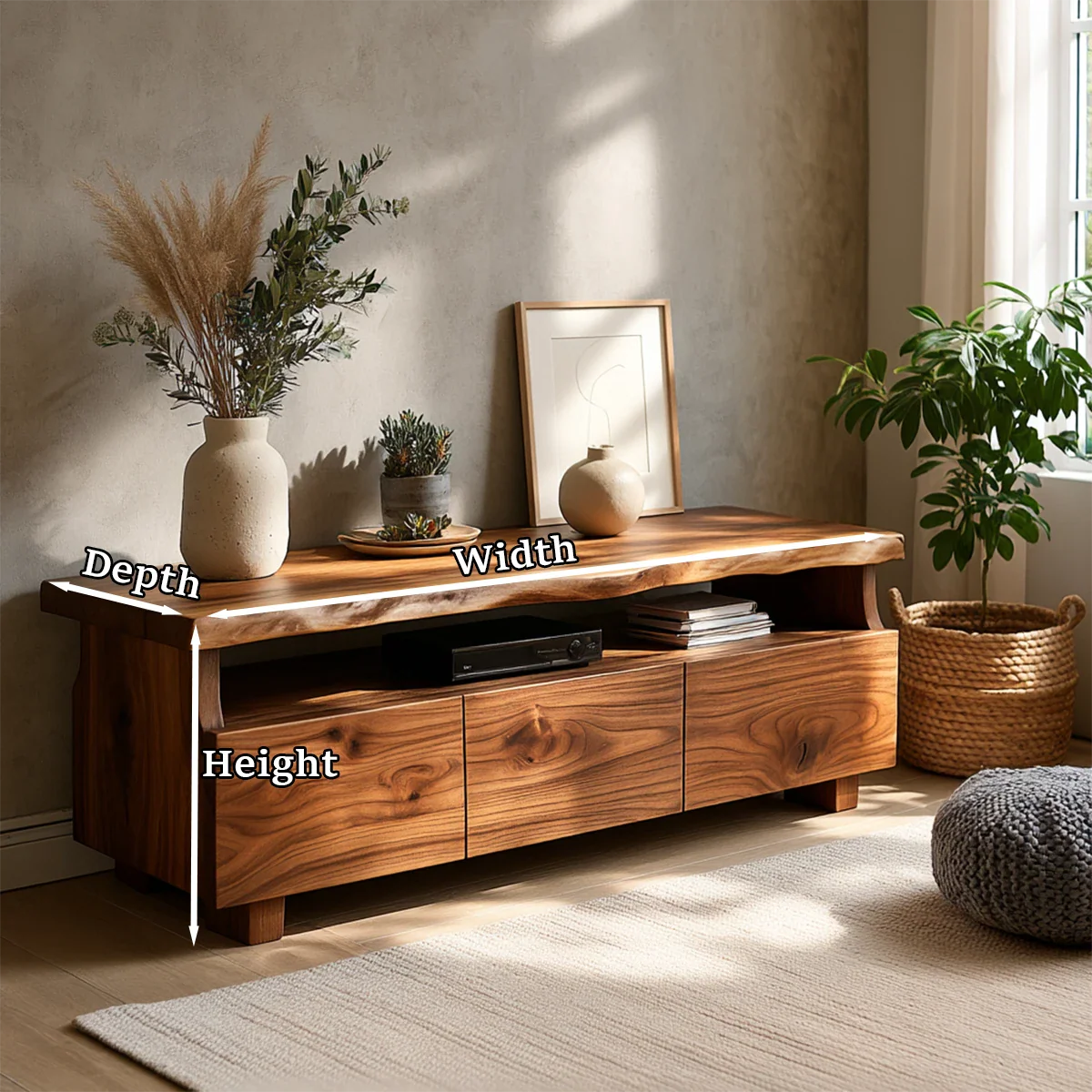 TV Stand with Storage Drawers and Open Shelf in Natural Solid Wood - ArborisWood - 13