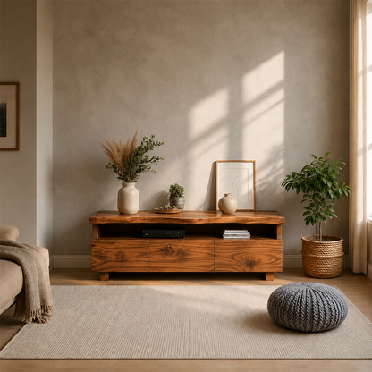 TV Stand with Storage Drawers and Open Shelf in Natural Solid Wood - ArborisWood - 15