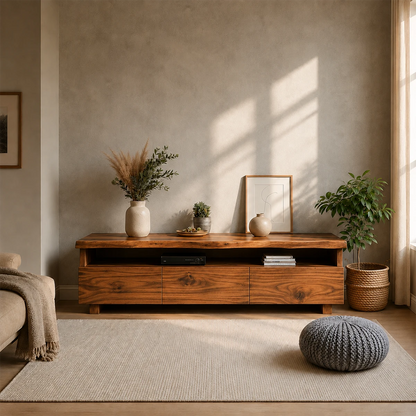 TV Stand with Storage Drawers and Open Shelf in Natural Solid Wood - ArborisWood - 16