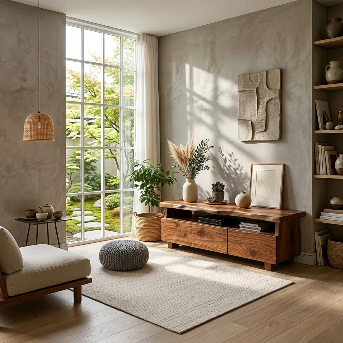 TV Stand with Storage Drawers and Open Shelf in Natural Solid Wood - ArborisWood - 2