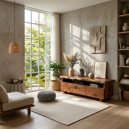 TV Stand with Storage Drawers and Open Shelf in Natural Solid Wood - ArborisWood - 2