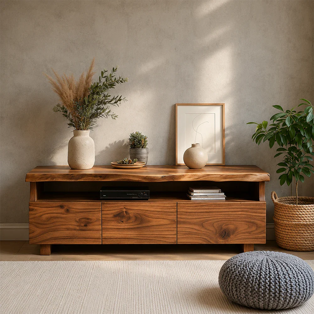TV Stand with Storage Drawers and Open Shelf in Natural Solid Wood - ArborisWood - 4