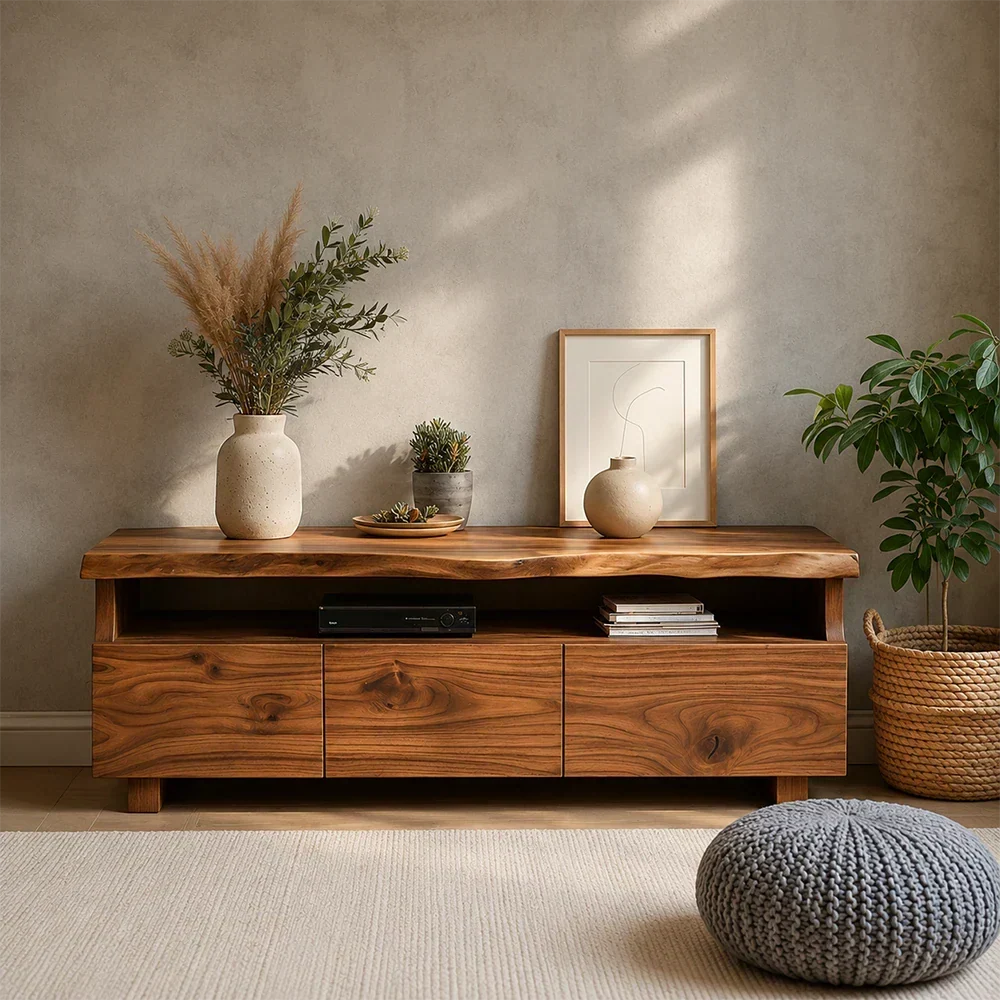 TV Stand with Storage Drawers and Open Shelf in Natural Solid Wood - Arboriswood - 4