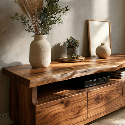 TV Stand with Storage Drawers and Open Shelf in Natural Solid Wood - ArborisWood - 5