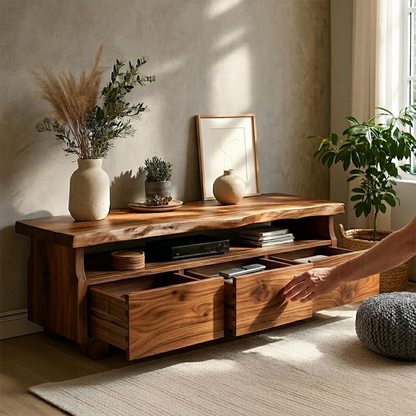 TV Stand with Storage Drawers and Open Shelf in Natural Solid Wood - ArborisWood - 6