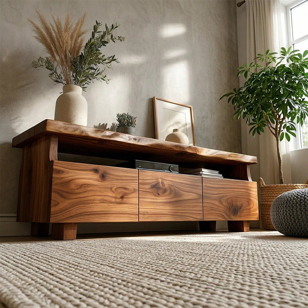 TV Stand with Storage Drawers and Open Shelf in Natural Solid Wood - ArborisWood - 7