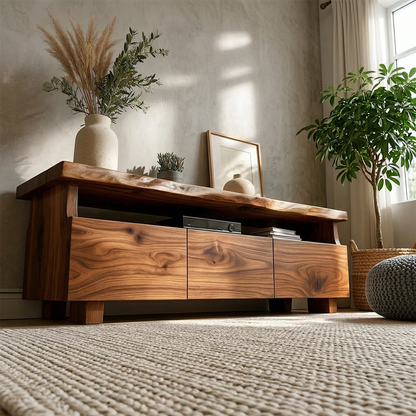 TV Stand with Storage Drawers and Open Shelf in Natural Solid Wood - ArborisWood - 7
